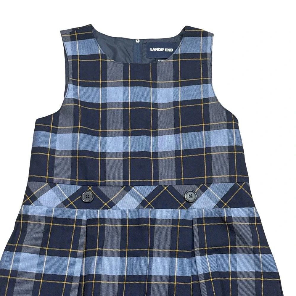 Lands End Girls Blue Plaid School Uniform Jumper Dress Size 12 Pleated